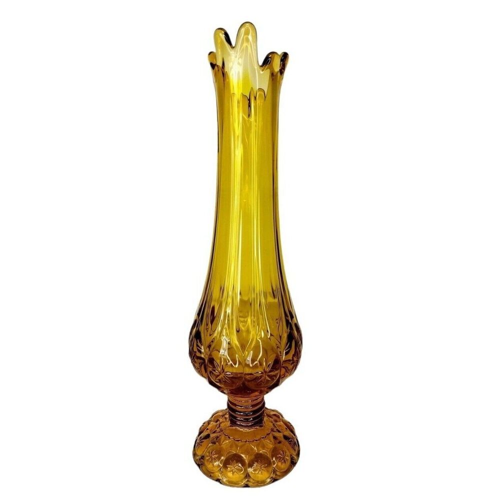 Vintage MCM Kanawha Amber Celestial Stars Moon Stretch Swung Slag Pedestal Vase